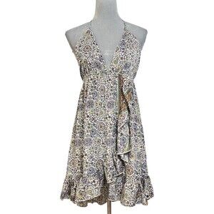 Earthbound Boho Halter Mini Dress Women’s L Ivory Floral Medallion Hippie Gypsy